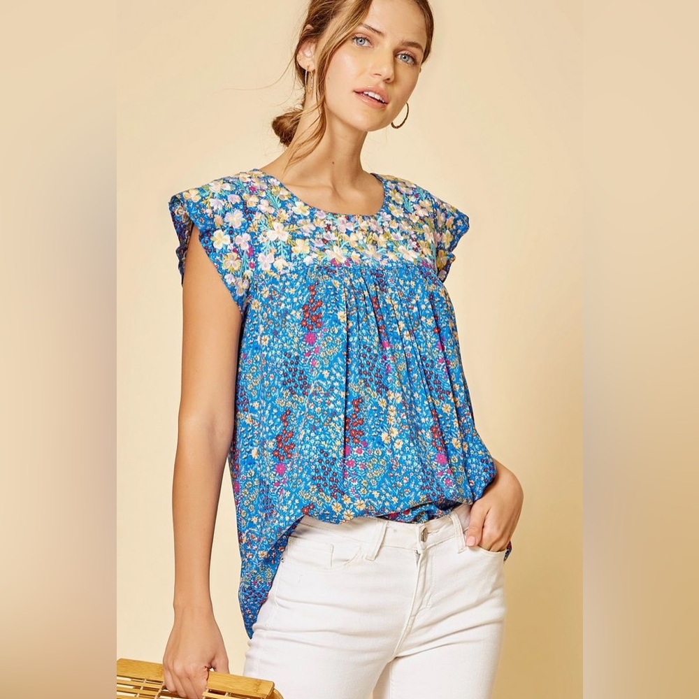 Savane Blue Floral Cap-Sleeve Top with Contrasting Yoke